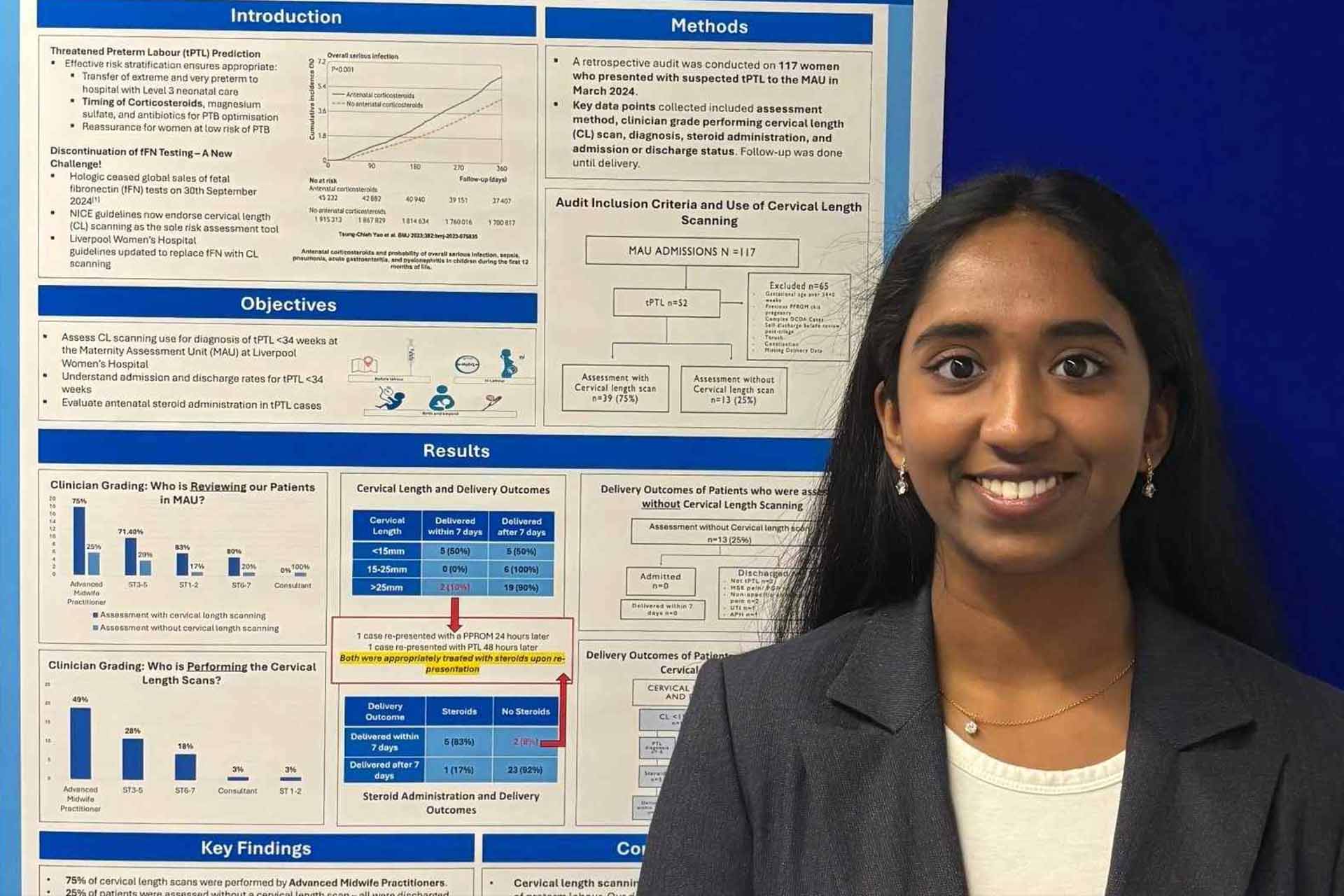 A headshot of student doctor Praveena Sekar in a suit stood in front of a poster presentation