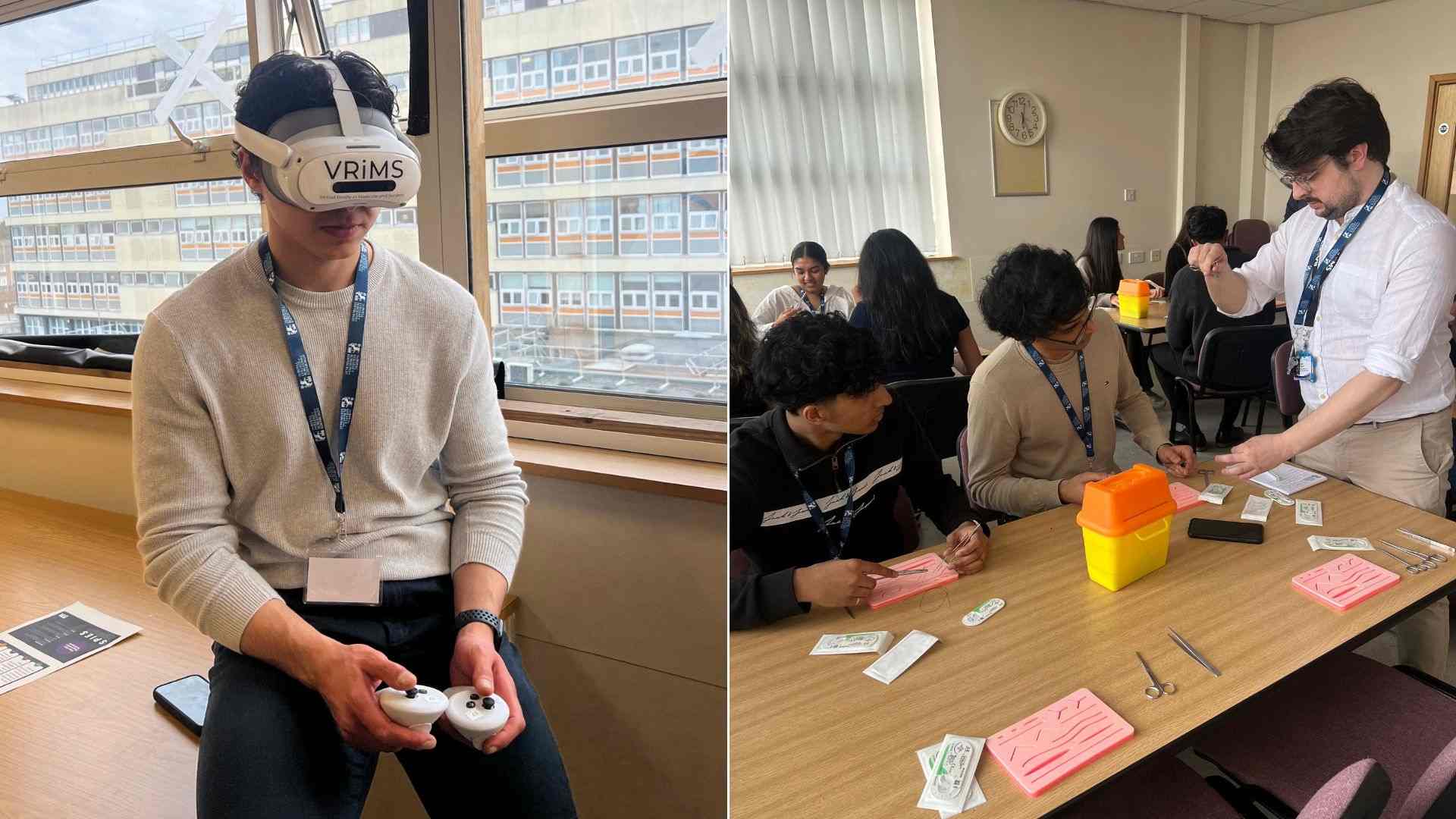 Student participating in virtual reality surgical simulations (VRiMS) and a suturing workshops led by LivMaxFax members