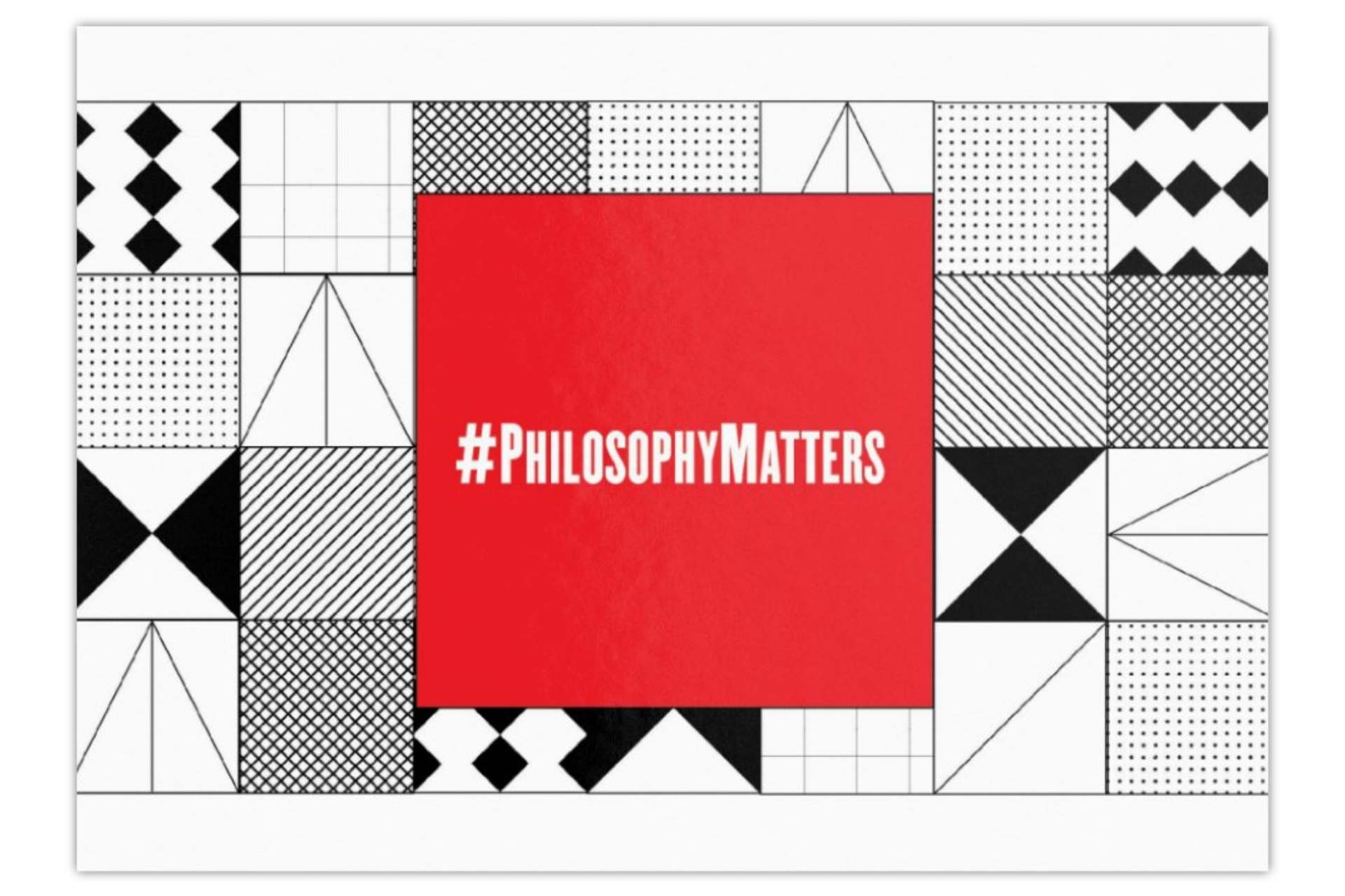 Philosophy Matters text on red square with abstract geometric background