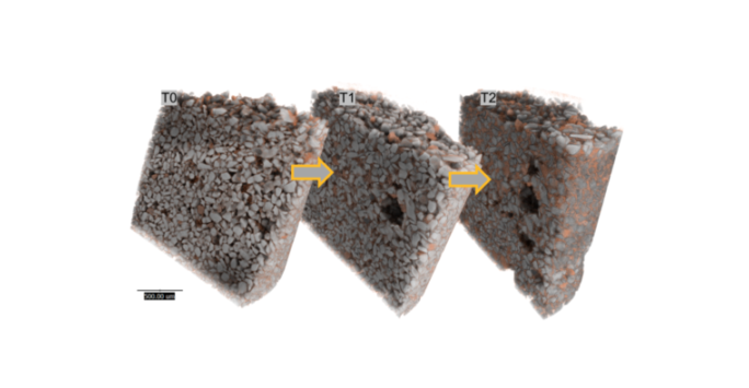 Three images showing increased binder ink infiltration into powder bed