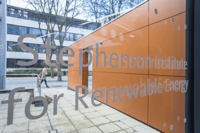 glass window with the wording Stephenson Institute for Renewable Energy