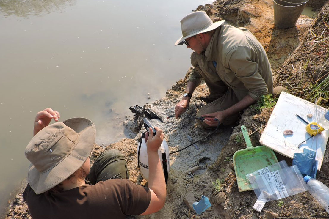 Researchers examine a wooden structure at the Kalambo River in Zambia.