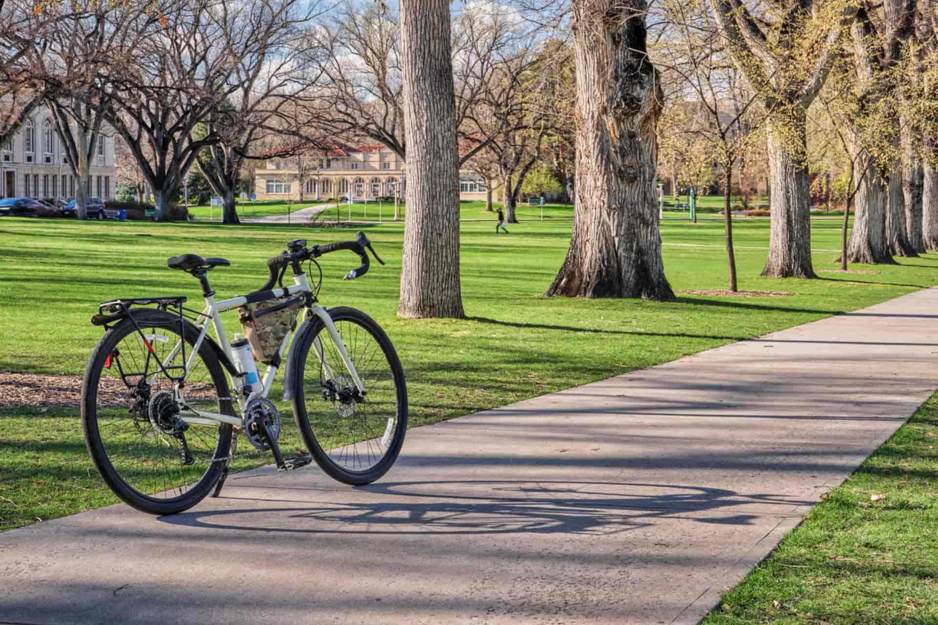 A bike on a bike path surrounded by grass and trees.