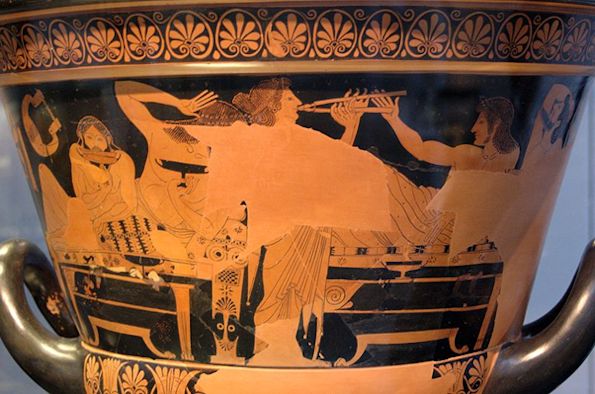 Symposium scene. Side A of an Attic red-figure kalyx-krater, 510–500 BC; source: Wikipedia Commons