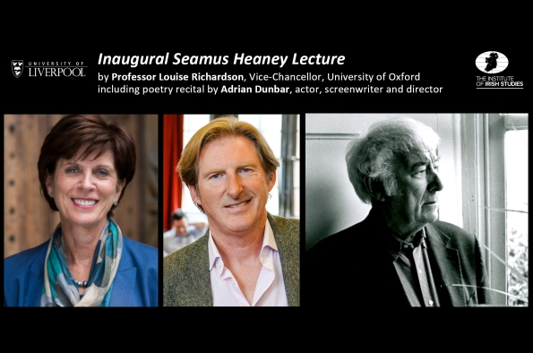 Portrait photos of Prof Louise Richardson, Adrian Dunbar and Seamus Heaney