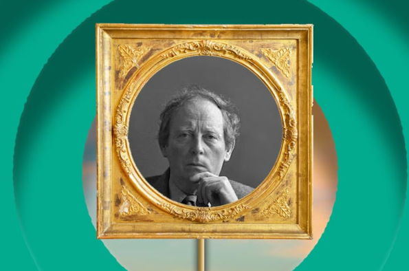 B/w image of John McGahern in Literary Festival visuals (golden picture frame, green concentric circles)