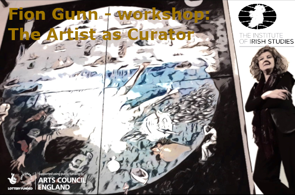 Stylicised image of Fion Gunn next to a large scale painting