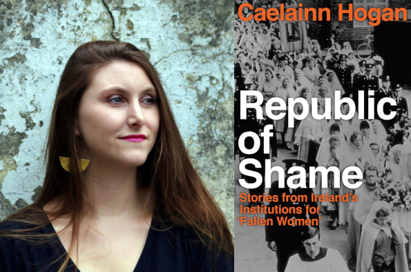 Portrait of Caelainn Hogan (left) adn book cover of Republic of Shame (right)