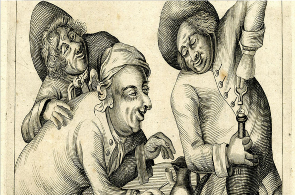 18th century illustration of three men opening a bottle