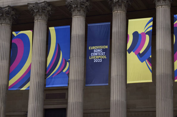 Eurovision banner hanging outside St George's Hall