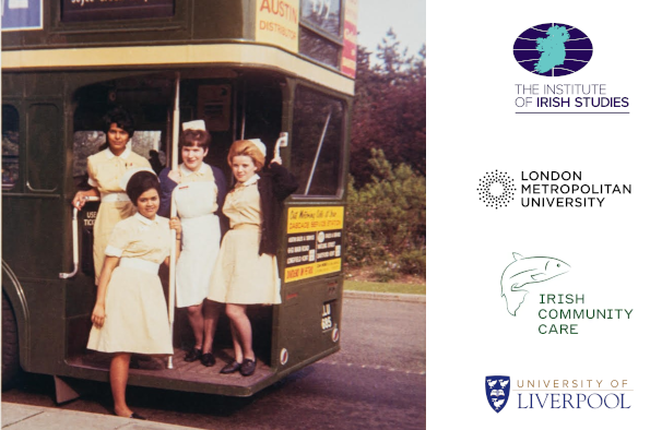 Irish Nurses on the back steps of a green double decker bus.