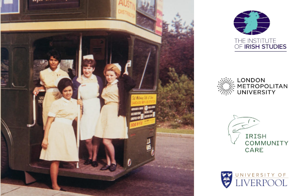 Irish Nurses on the back steps of a green double decker bus. 