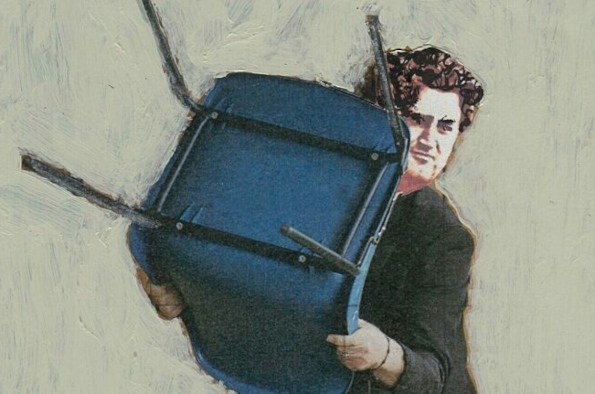 Painting of a man resembling Brendan Behan holding a blue plastic chair