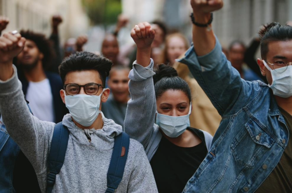 Protesters wearing masks 