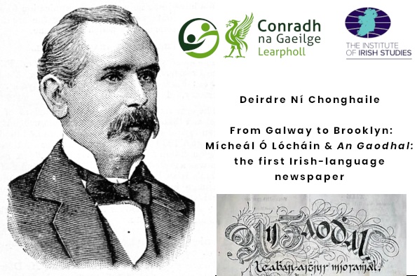 Poster for event showing B/W sketch of Mícheál Ó Lócháin