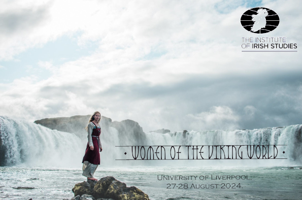 Conference Poster: Women in period dress standing on a rock in the water in front of a horseshoe waterfall